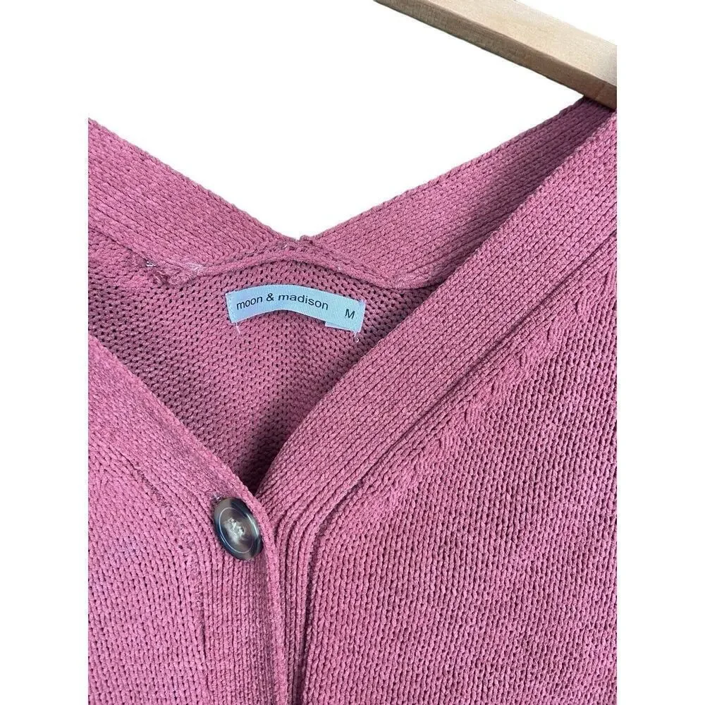 Moon & Madison Cardigan Sweater Size M V-Neck Mauve Pink Textured Button Down - Picture 9 of 9